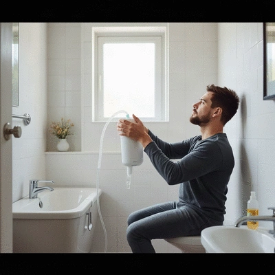 User using a colonic irrigation home kit