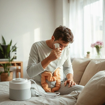 User using colonic irrigation kit at home