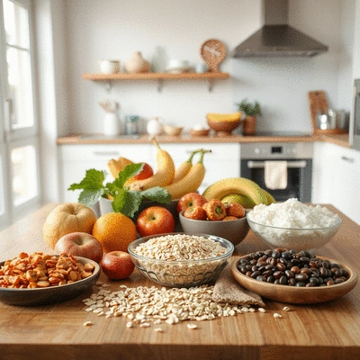 Healthy food ingredients including oats, fruits, and legumes