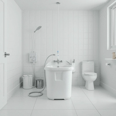 Colonic irrigation home kit in a clean bathroom setting