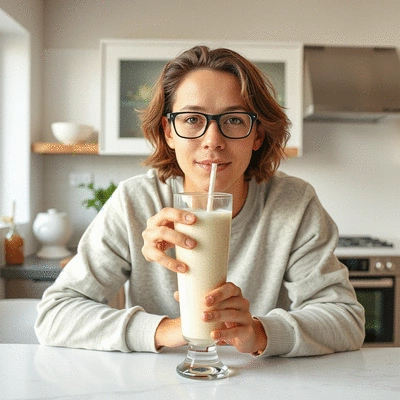 User enjoying a non-dairy vanilla shake in a bright kitchen