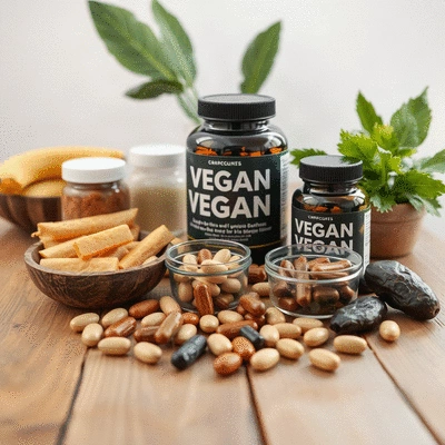 Vegan supplements on a wooden table