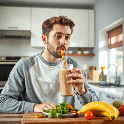 User enjoying a nutritious meal shake in a kitchen setting