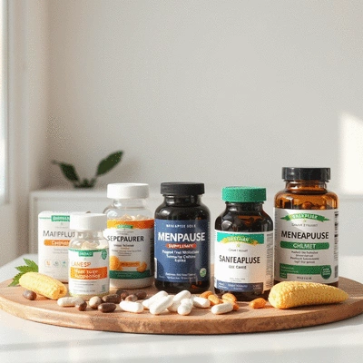 A range of menopause supplements on a table