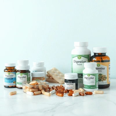Assorted digestive health supplements on a table