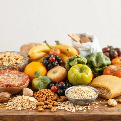 Assorted fiber-rich foods on table