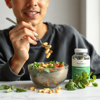 Image of a person enjoying a healthy meal with probiotics supplements