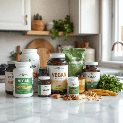A variety of vegan supplements on a kitchen counter