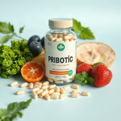 Image of probiotic supplements alongside healthy foods