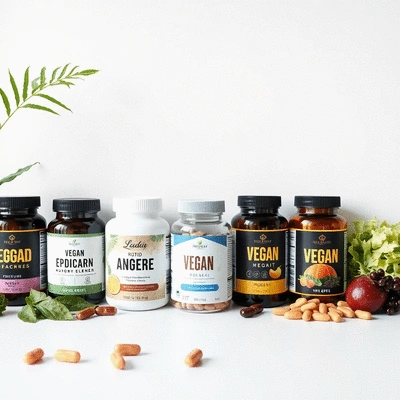 Product display of various vegan supplements