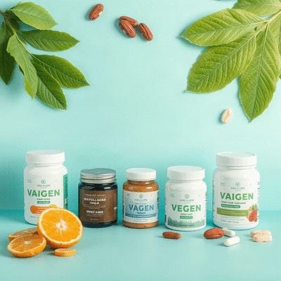 Image depicting various vegan supplements and their nutritional benefits