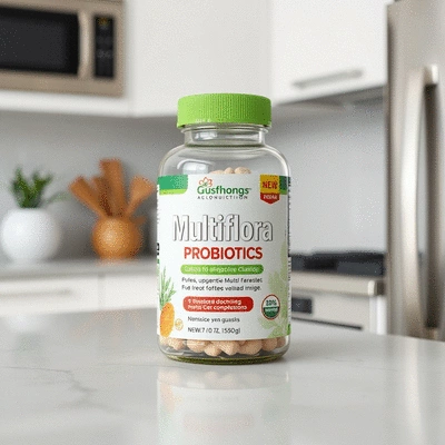 Product image of Multiflora Probiotics bottle on a kitchen counter