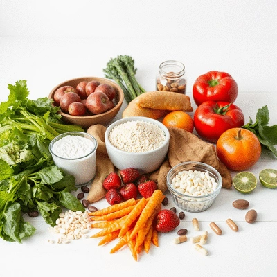 Healthy lifestyle with high fiber foods and supplements on a table