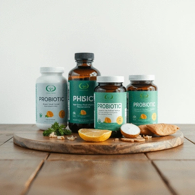 Probiotic products on a wooden table