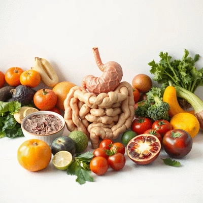 Digestive health concept with fresh fruits and vegetables
