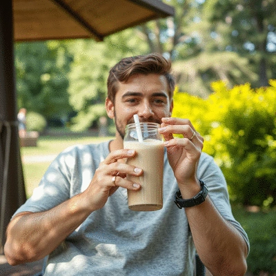 A user enjoying a meal replacement shake outdoors