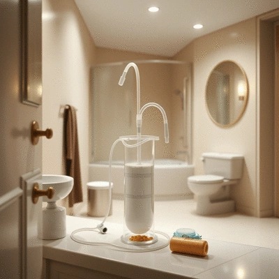 Home enema kit in a clean, modern bathroom setting