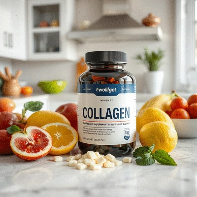 Collagen supplement on a kitchen counter with fresh fruits