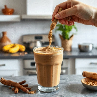 User using maca root powder in a smoothie