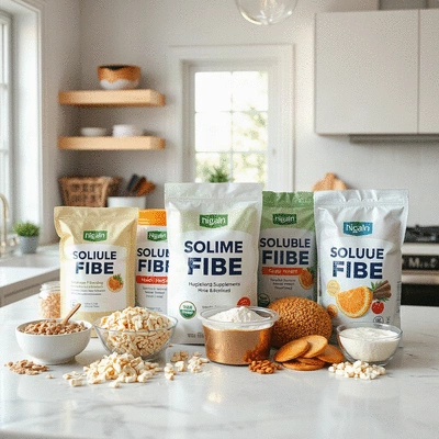 A variety of soluble fibre supplements displayed on a kitchen counter