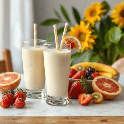 Healthy lifestyle imagery featuring non-dairy vanilla shakes