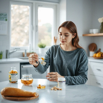User using immunity supplements in a bright kitchen