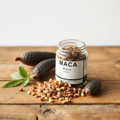 Black Maca supplement on a wooden table