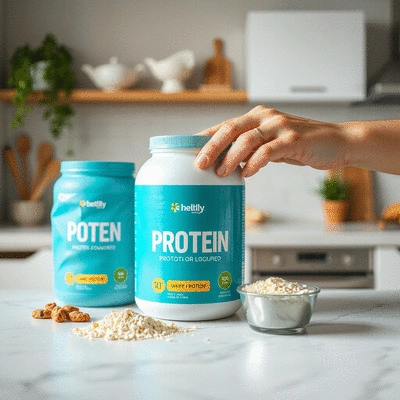 User using protein powder in a health-focused kitchen setting