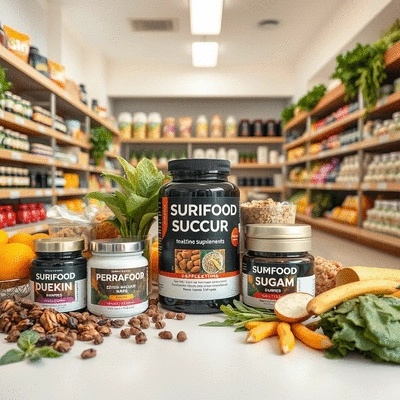Superfood supplements displayed in a health store