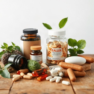 Organic supplements on a wooden table