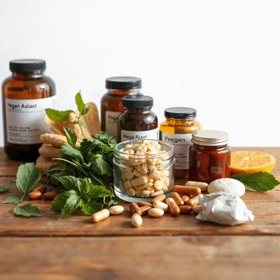 Vegan supplements on a wooden table