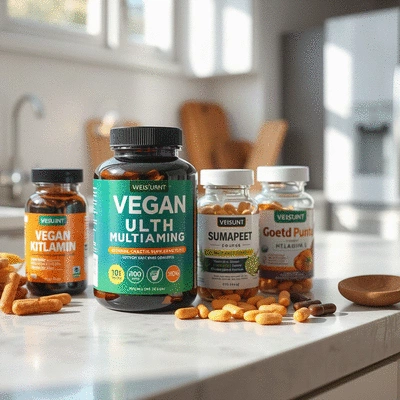 Vegan multivitamin supplements on a kitchen counter