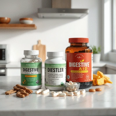 Digestive aid supplements displayed on a kitchen counter