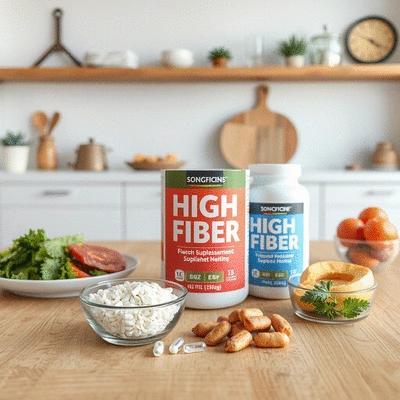 High fiber supplements on a kitchen table with a healthy meal