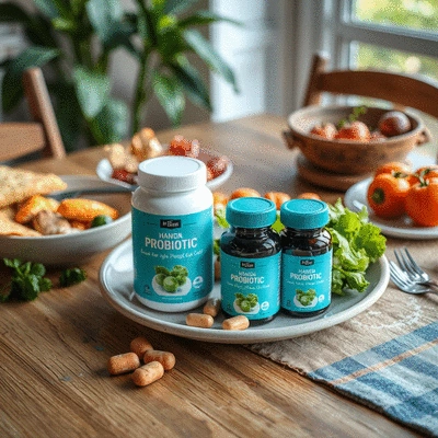 Healthy meal with probiotic supplements on a dining table