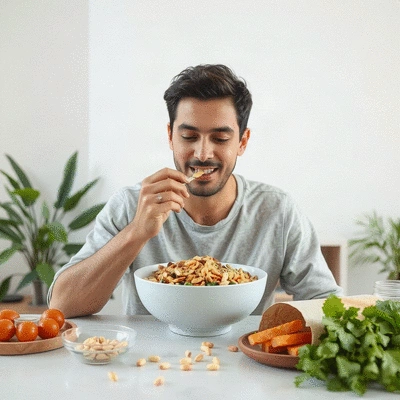 User enjoying a healthy meal with soluble fibre supplements