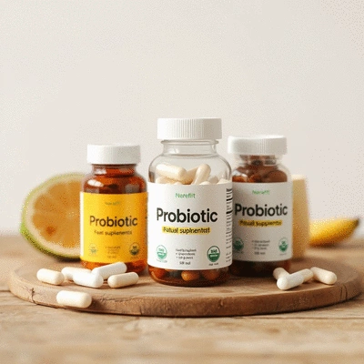 Probiotic supplements on a wooden table