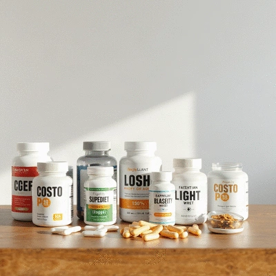 Display of weight loss supplements on a table