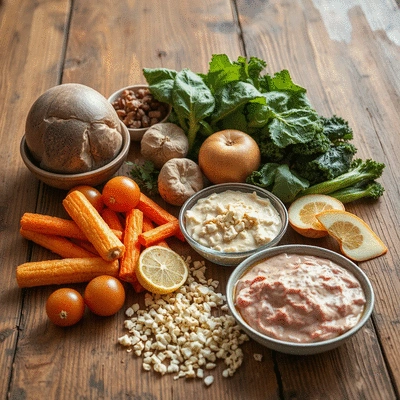 Healthy foods rich in probiotics on a wooden table