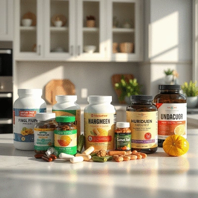 Selection of nutritional supplements on a kitchen counter