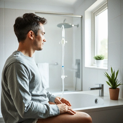 User using a home colonic irrigation kit