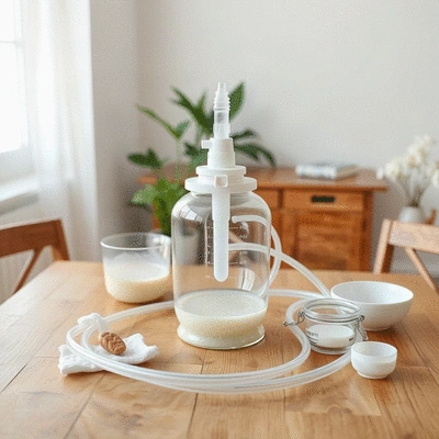 Home colonic irrigation kit on a wooden table with relaxing elements