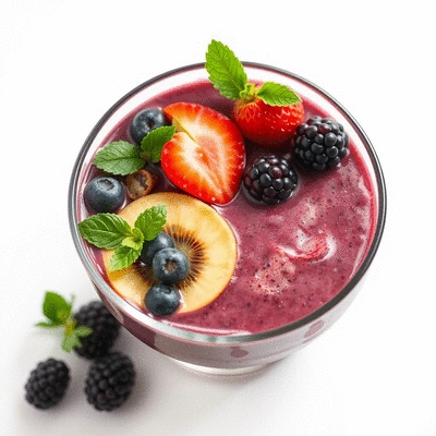Acai berry smoothie bowl topped with fruits