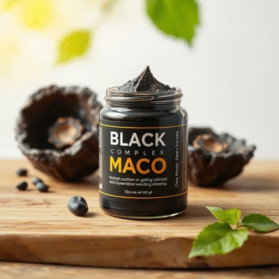 Black Maca Complex product on a wooden table