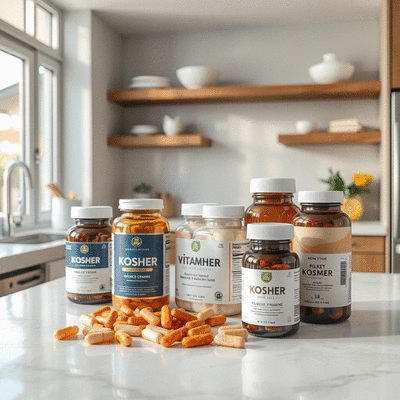 Kosher vitamins and supplements on a kitchen counter