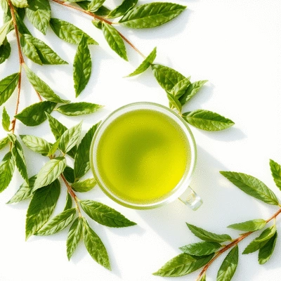 Green tea leaves and a cup of green tea