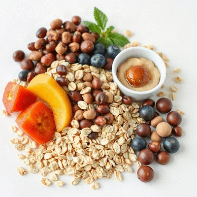 Assorted foods high in soluble fiber including oats, beans, and fruits