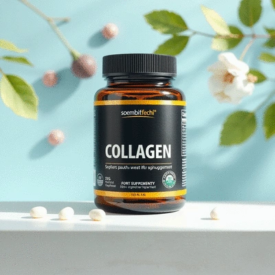 Collagen supplement displayed with healthy lifestyle elements