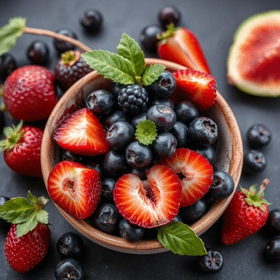 Acai berries in a bowl with other fruits