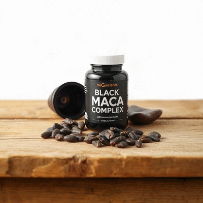 Black Maca Complex supplement on a wooden table